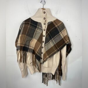Check Tassel Shawl Fake Two-Piece Turtleneck Knitted Cardigan Sweater size L